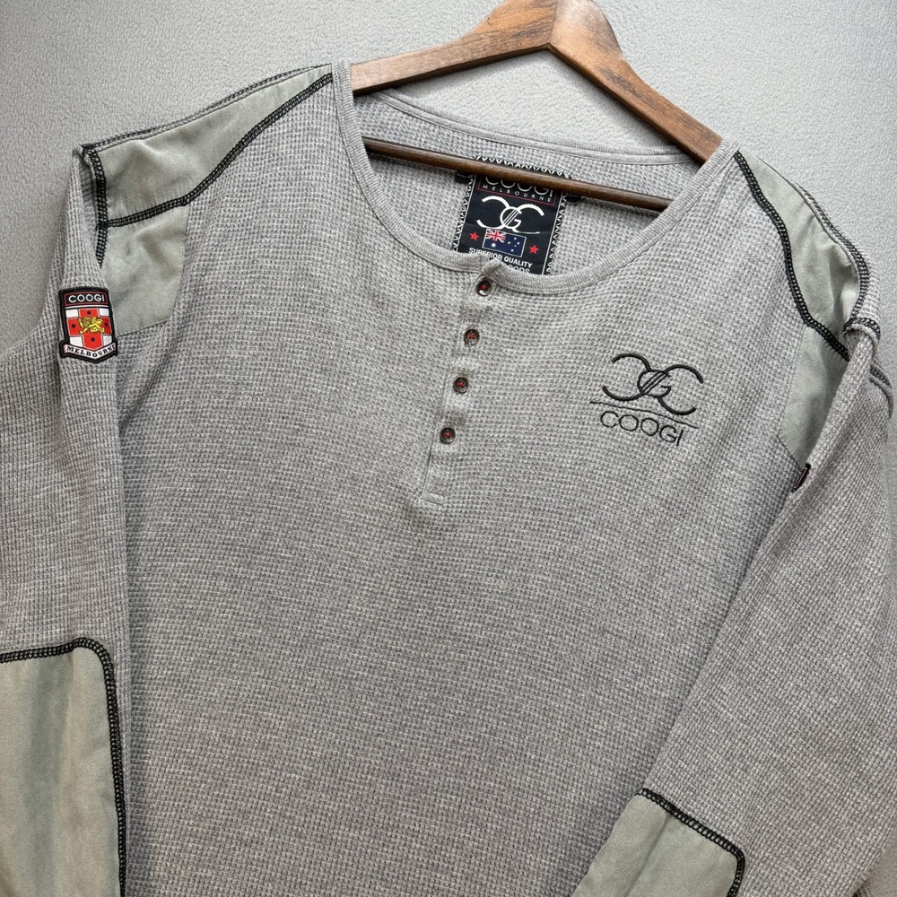 Coogi Waffle Knit Henley Shirt Mens 4XL Grey Elbow Patch Streetwear Hip Hop Y2K